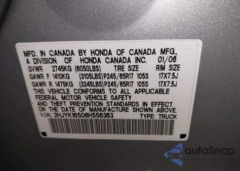 2006 Honda Ridgeline Rtl из США, поврежденный, VIN 2HJYK16506H556363